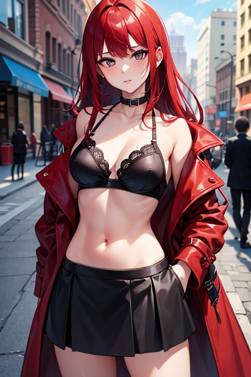 work of art,best qualityer, SFW,1 girl,citys, Street, Red hair, Black Skirt, bra, Red open coat, bared shoulders, looking ahead at viewer 