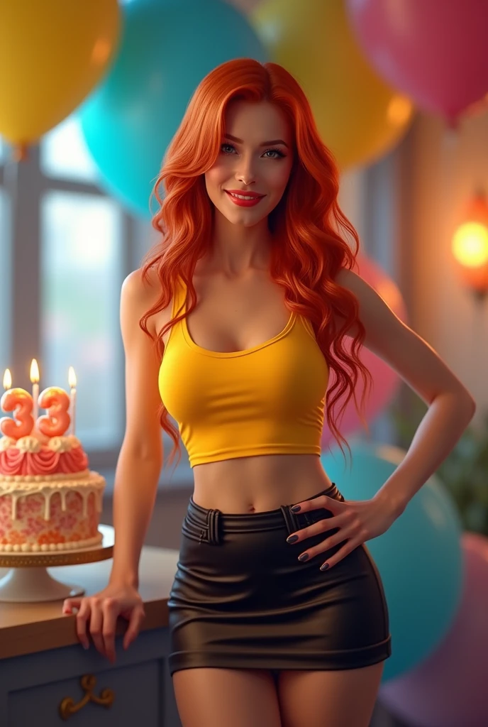 Long red haired girl with yellow tank top, black skirt and heels with birthday cake with candles number 33 and balloons 
