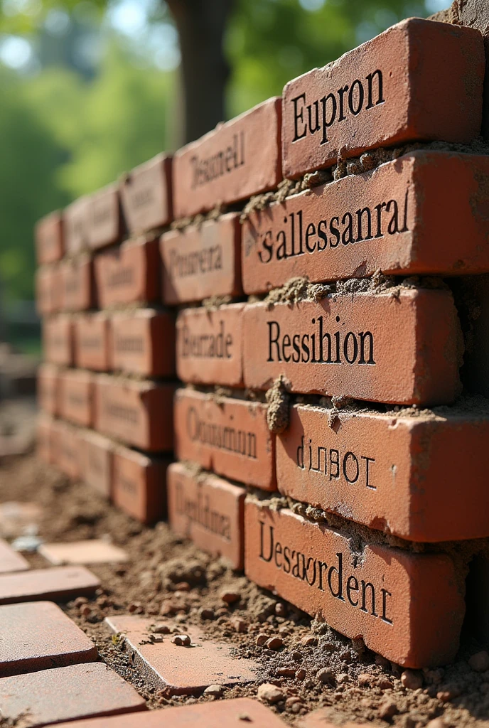 a wall being built with bricks that have writing on them: peace, I respect, well-being and dignity (the words in Spanish)