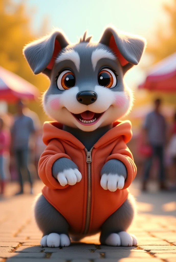 Fascinating, 美味しくふわふわな子犬のミニチュア・シュナウザーの高品質3D Rendering, Exudes cuteness and charm. With a round and plump body、It is softly covered, Vibrant fur and gentle, Small teeth peek out from a slightly open mouth. (Wearing a hoodie)、Its big, Expressive round eyes sparkle, and、Those rosy cheeks are charming. (Upright、Standing on two hind legs), Place your hands gently at your sides, She exudes a charming and friendly aura.. Highlights vibrant colors and textures, Creating visually striking and conceptually unique work., photograph, Conceptual Art, 3D Rendering、(The background is a zoo、crowd、Daytime、sun)