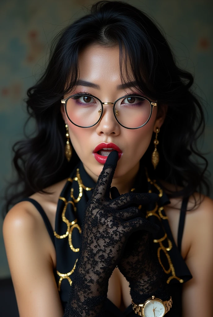 With long, curly black hair、Heavy makeup and purple eyeshadow、Dark eyeliner、Around her neck she wears a ribbon-shaped satin black and gold chain patterned scarf.、Wearing gold-rimmed glasses、Long gloves made of black glitter lace、Wear a gold watch、A Japanese woman in her 50s, a female teacher wearing a striped white suit, is licking her fingers obscenely with her tongue、
