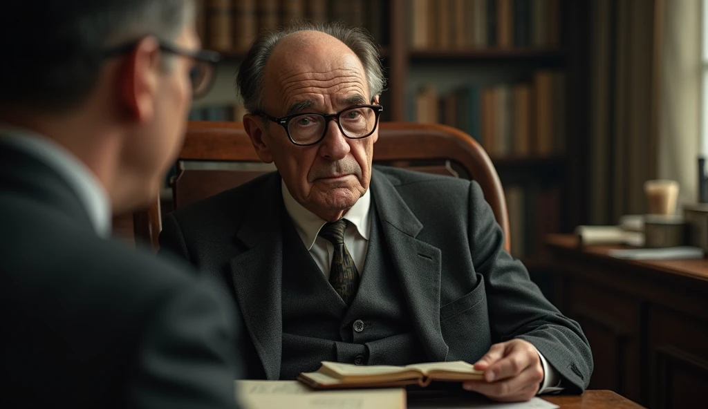 An elderly man with a serene and contemplative expression, thin. He has short, dark hair, slightly balding in the front, slightly graying, no beard, and wears a classic 1930s suit, with small, square, prescription glasses, and a discreet tie. Cayce is seated in a vintage-looking chair, in a setting reminiscent of an old office, with books and papers in the background. The soft, diffuse lighting highlights his face, conveying an aura of wisdom and introspection. In one hand, he holds an open book, symbolizing his knowledge and psychic abilities. The scene has a nostalgic and mysterious tone, reflecting the enigmatic nature of his predictions and readings. talking to another person
