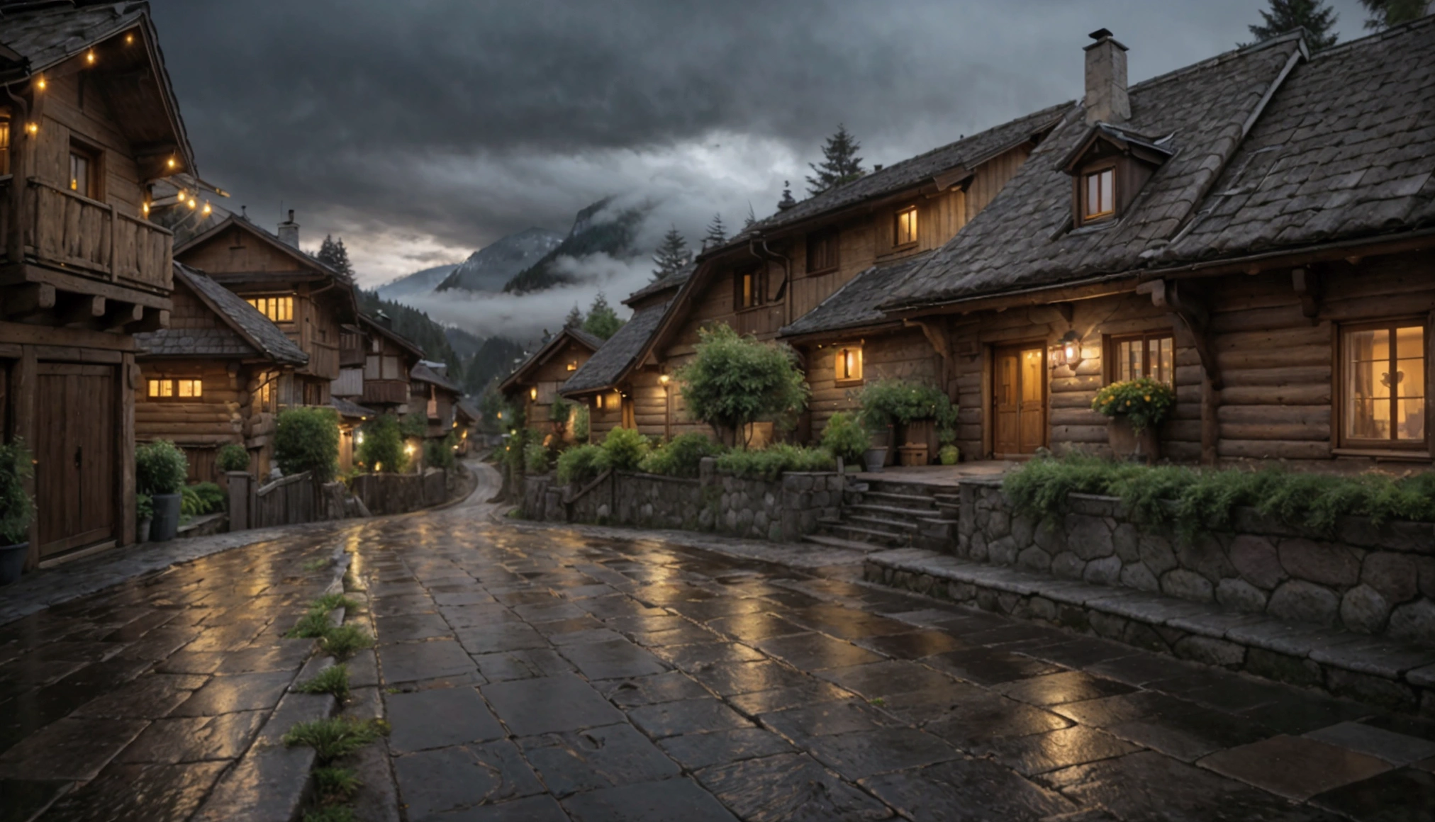 A serene Swiss village at night under a gentle rain. The narrow cobblestone streets glisten as they reflect the soft glow of warm yellow lights from rustic wooden chalets. The houses, adorned with sloping roofs and flower boxes, are dimly lit, creating a cozy, inviting atmosphere. In the background, dark silhouettes of towering alpine mountains loom, partially obscured by mist and low-hanging clouds. The rain softly patters against the roofs and ground, creating a soothing ambiance, while a few raindrops cling to the pine trees that line the streets. The scene is peaceful, with only the quiet sound of raindrops and the occasional rustling of leaves in the gentle breeze.