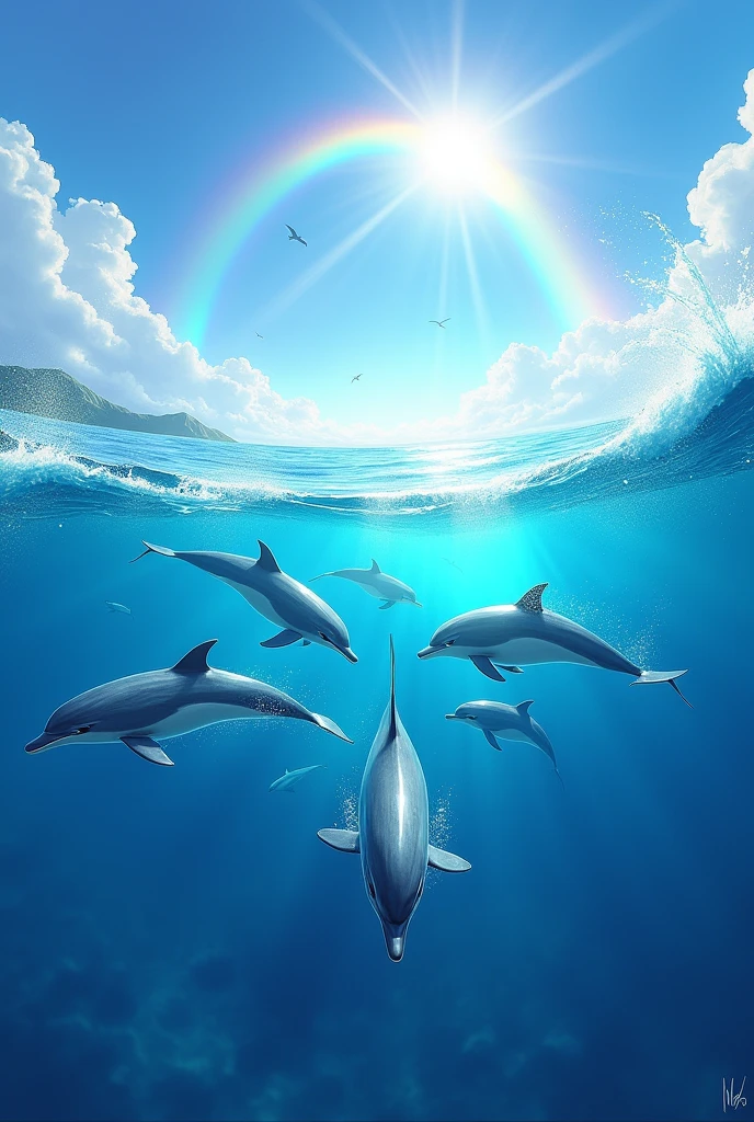 Makes for a sunny and splendid day, A bright blue sea in which dolphins play while in the distance there is a rainbow