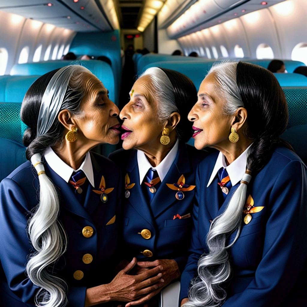 aged aged eldery aged eldery indian four ladies kissing in the flight, Ultra detailing image prompt,Generate by using all the ladies features,figures and detailes,exactly and stictly as per the image prompt