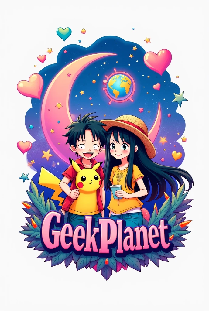 logo con un 🌎 en el fondo, with stars, heart and a crescent moon (Pink and purple colors), In front of some anime figures of a boy with wavy hair and a girl with long black hair wearing Pikachu shirts and ears or a straw hat (Luffy de one piece), the name of Geek Planet in the middle of the logo (with vivid colors throughout the image) and with white background