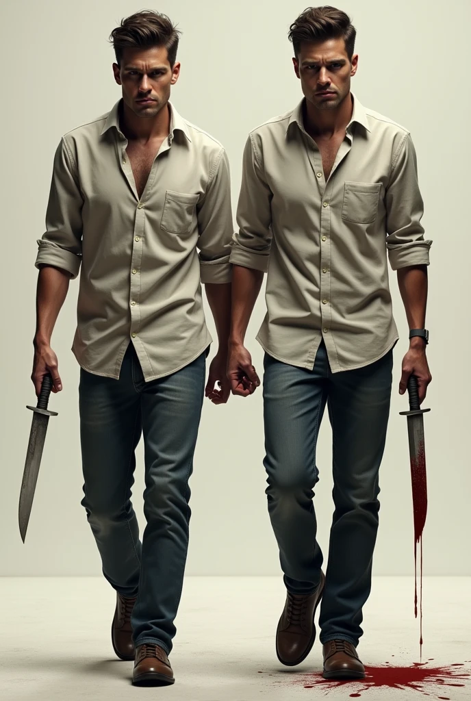 Realistic adult male twins dressed in shirts and pants walking forward with knives in their hands, one with a clean knife and the other with blood