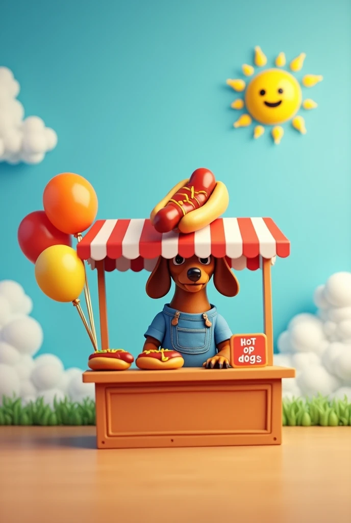 Imagine a dachshund wearing blue jeans, wearing a hot dog hat, in a sunny scene. He&#39;s behind a little hot dog stand, that has a striped awning. The sun in the sky has a smiling baby face, giving a fun and cheerful touch to the scene. The stand is decorated with colorful balloons and there are several hot dogs on display., with a small sign announcing "Hot dogs!" The atmosphere is vibrant and inviting, with a clear blue sky and some fluffy clouds.