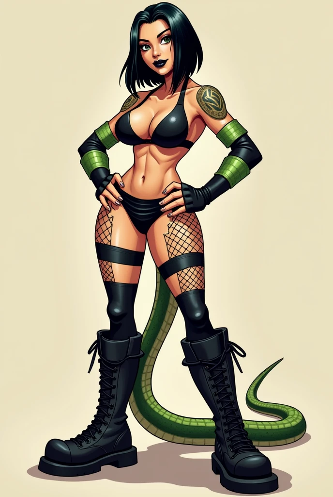Female Cartoon rattlesnake dressed like WWE wrestler Rhea Ripley . Cartoon rattlesnake face. Cartoon rattlesnake body. Cartoon rattlesnake arms. Cartoon rattlesnake hands. Cartoon rattlesnake legs.
Short straight black hair. Black lipstick . Muscular. Black underwear. Fishnet stockings. Black boots.