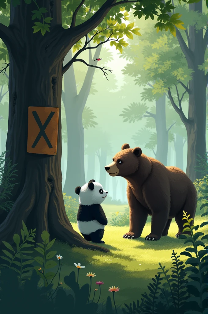 Make a picture of a panda bear and a dark brown bear find a tree with an x marked on it