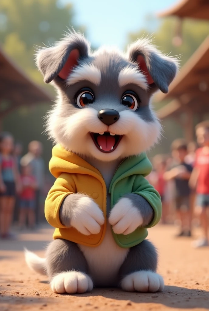 Fascinating, 美味しくふわふわな子犬の白いミニチュア・シュナウザーの高品質3D Rendering, Exudes cuteness and charm. With a round and plump body、It is softly covered, Vibrant fur and gentle, Small teeth peek out from a slightly open mouth. (Wearing a hoodie)、Its big, Expressive round eyes sparkle, and、Those rosy cheeks are charming. (Upright、Standing on two hind legs), Place your hands gently at your sides, She exudes a charming and friendly aura.. Highlights vibrant colors and textures, Creating visually striking and conceptually unique work., photograph, Conceptual Art, 3D Rendering、(The background is a zoo、crowd、Daytime、sun)