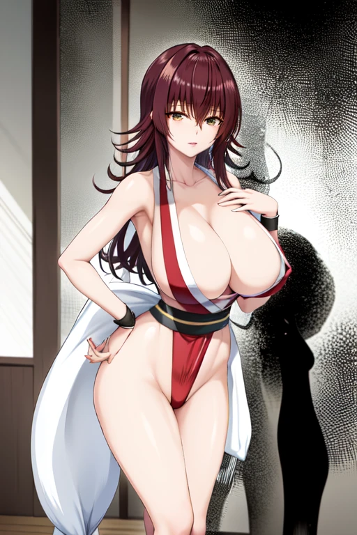 masterpiece, best quality, beautiful art, high resolution, well formed hands, body and fingers, 1 woman, solo, Ryouko Mikado, 3, red makeup, red lipstick,adult, grown up,  cosplaying as Mai Shiranui , mai_shiranui_cosplay, adult, large and big breasted, cleavage, full body , hair ribbon, gorgeous legs and, thighs, sexy Japanese clothes, hair ornament , sexy and bare legs , hips and thighs, ryona , in peril, she has been beaten up she is now cornered against the wall, helpless and vulnerable, she is dizzy and exhausted, looking at the viewer with anxiety and fear, she is afraid, terror in her eyes, gasping, being at the edge of defeat, heroine in peril, ryona scene 