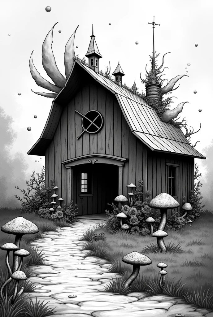 a black and white barn logo, with psychedelic details and mushrooms