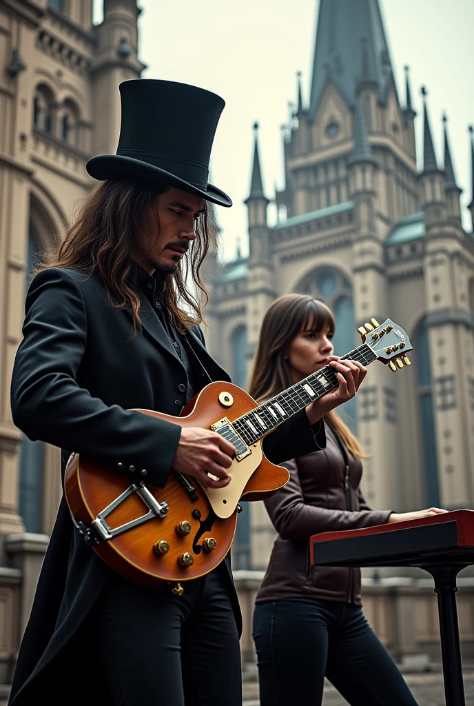 Realistic image of a man with a top hat and long hair playing guitar in front of a church, next to a woman playing the keyboard