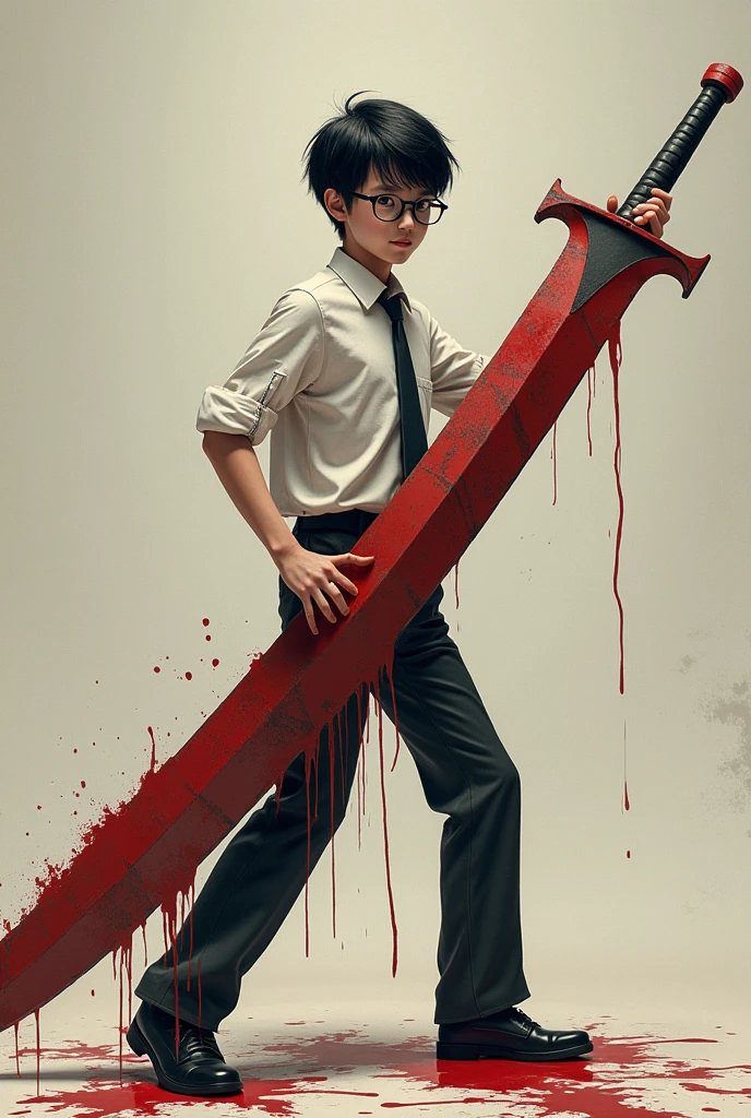 a 20 year old boy, nerdy looking. Bblack hair, glasses, and office clothes. But with a expression and a giant sword stained with bloodiant, thick sword, the sword must have 1,70 long, 40 centimeters wide and 7 centimeters thick