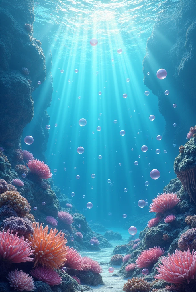 Seabed without animals with bubbles a reef at the bottom more colorful bubbles more bubbles