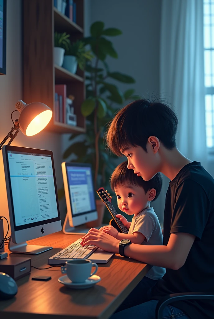 A short-haired IT expert wearing a black t-shirt is working in his room and there are three laptops on his desk., a cup of coffee, and vape. And beside him there was a five year old fat baby boy., short hair playing guitar.