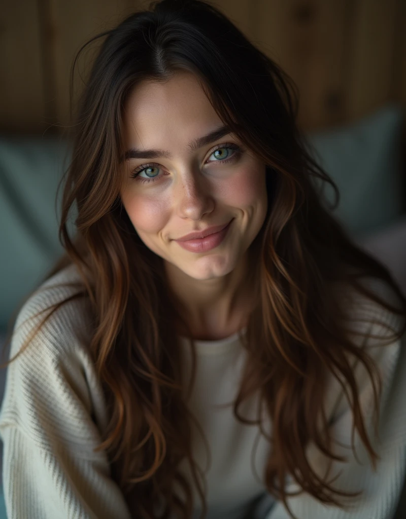 16:9 photograph, taken with a cell phone at a distance that shows the entire body, She is very young, At home in her bedroom, Normal night clothes, sad about lost love, long brown hair, a softened ironic smile - restrained excited happiness, soft lighting on the face, realistic skin-clothes-hair textures, carpeted sky-blue-fog eyes, beautiful real textures and delicate aesthetics, full body view, notable for natural feminine beauty, noise, 8k quality, RAW PHOTO, by professional photographer, rule of thirds, extremely detailed