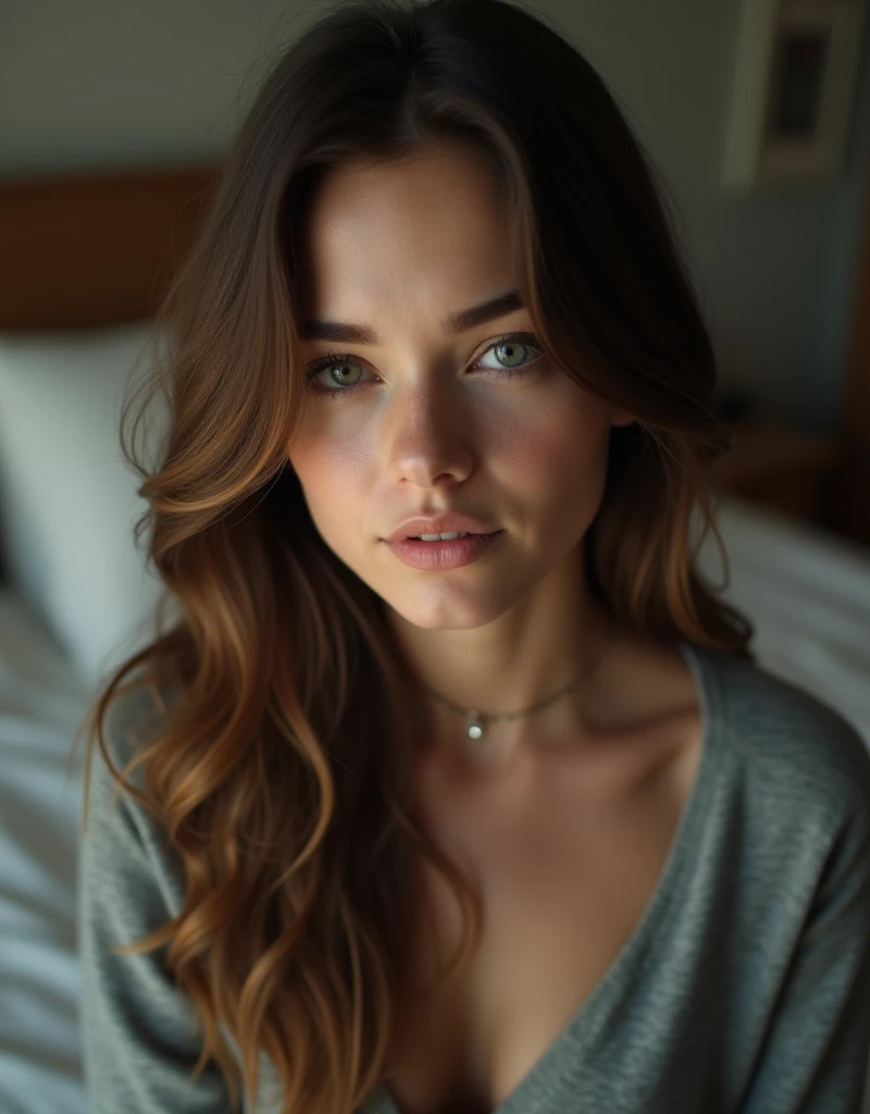 16:9 photograph, taken with a cell phone at a distance that shows the entire body, She is very young, At home in her bedroom, Normal night clothes, sad about lost love, long brown hair, a softened ironic smile - restrained excited happiness, soft lighting on the face, realistic skin-clothes-hair textures, carpeted sky-blue-fog eyes, beautiful real textures and delicate aesthetics, full body view, notable for natural feminine beauty, noise, 8k quality, RAW PHOTO, by professional photographer, rule of thirds, extremely detailed