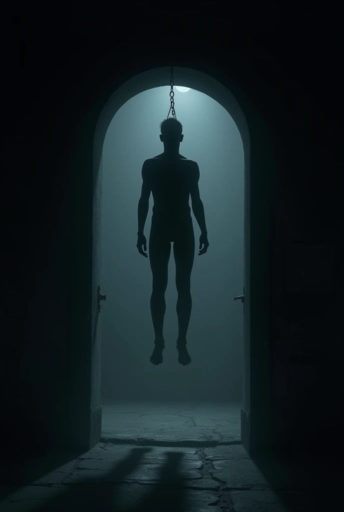 In a dark room inside a lighthouse, at the back of the room, there is an arch in which among the darkness you can see a human male body, you can only see the shadow of the body hanging by a suicide, it is seen to be a little illuminated by a beam of light in the back of the room, but only the shadow of the body hanging in the dark room.