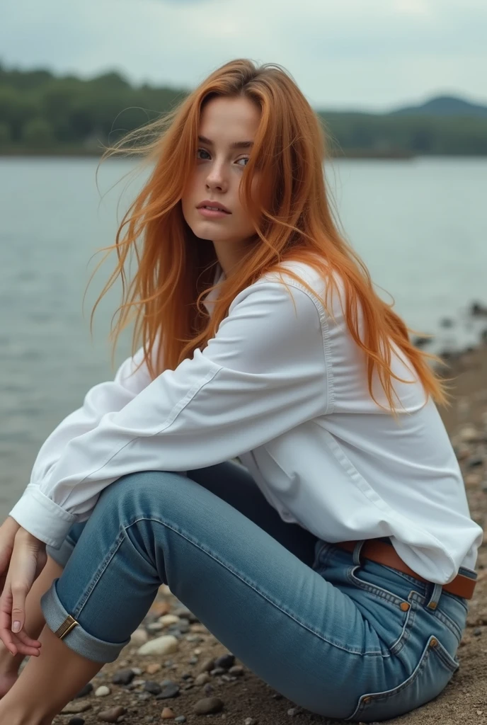 realistic image. She is a foot model, sitting on the beach of a river, looking over his shoulder to the side, leaning with hands leaning back, her faint reddish hair, covers his face so that it is slightly hidden, The model is wearing jeans and a white shirt., that waves due to the effect of the wind, the camera points from the front upwards