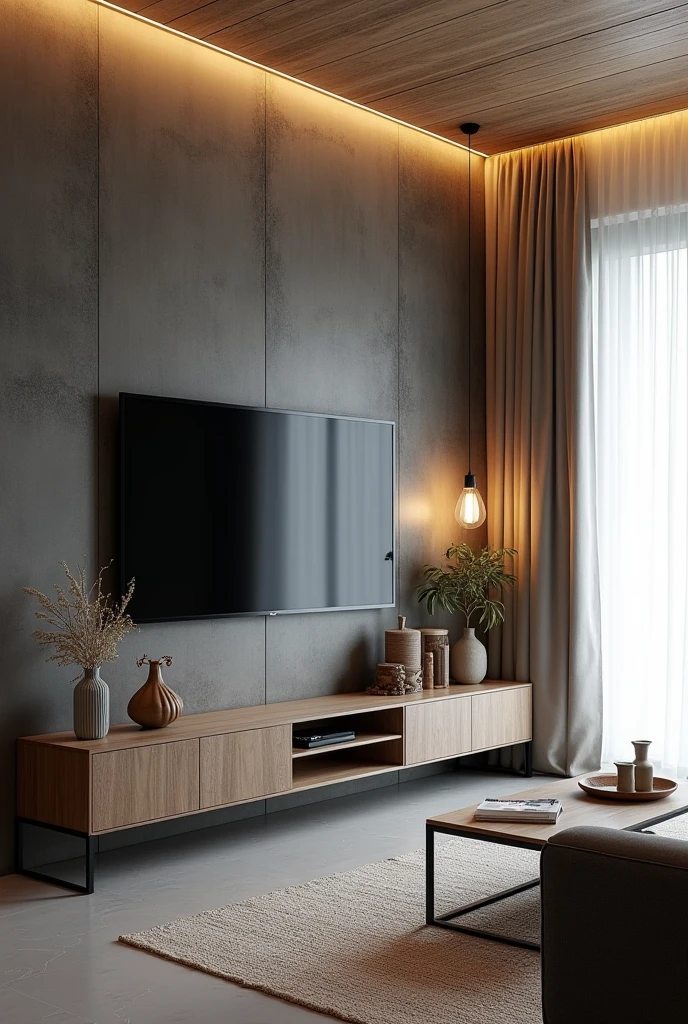 A modern and cozy living room with a gray floor and light walls. The wall where the TV is located has a dark burnt cement finish., creating an elegant contrast. The ceiling lining is made of PVC with a woody appearance, adding a touch of warmth to the environment. In the right corner of the room, there is a pendant light with two warm white light bulbs, that gently illuminates the space. The right wall is covered by a white curtain that stretches from end to end., giving a feeling of spaciousness. The five-seater sofa bed in graphite color. Below the TV, there is a vintage piece of furniture that houses some carefully selected decorative objects. To finish, a natural fabric rug covers part of the floor, on which is a coffee table made of natural wood, complementing the cozy and elegant look of the room.