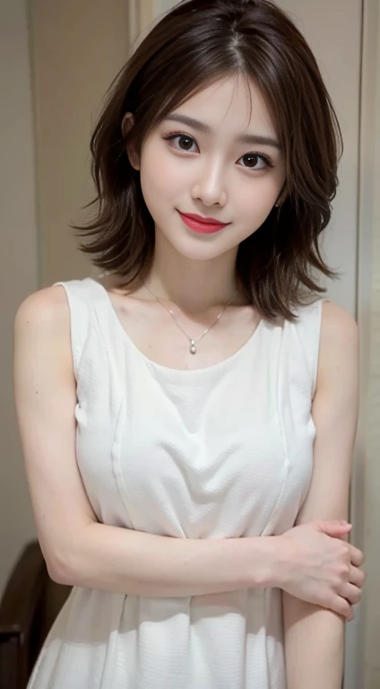 blush a little and smile, (Top quality masterpiece:1.2) Delicate illustrations, Very detailed, /Beautiful Japanese Women、1 person,Very cute and slim、Great style 、((8k images、super high quality))、Very delicate face, Skin and Hair、Big Breasts、beautifule forehead、Red lipstick、(((((short hair、Brown Hair、lure))))),Very cute Japanese cut face、Eyes and nose are clearly visible、Kind eyes,((((White sleeveless dress))))