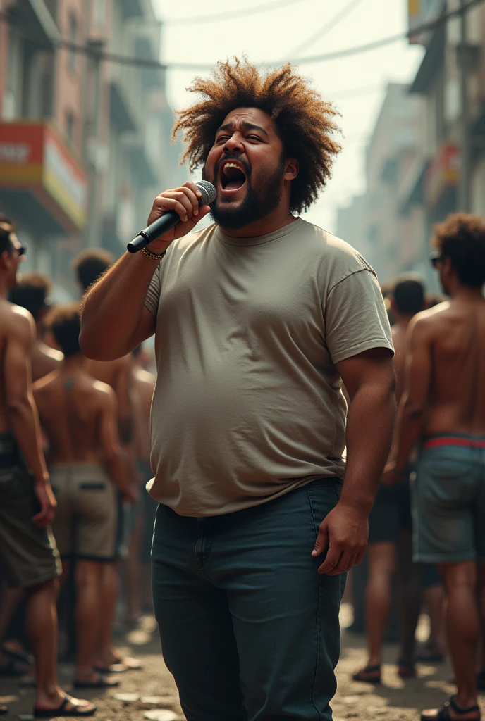 A fat young man with curly hair, with a microphone in his hand rapping, while everyone turns their backs on him