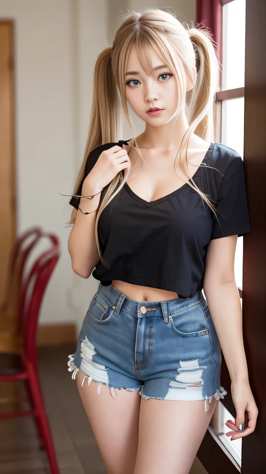 One person, 16 years, blonde hair, very length hair, Twin tails, Red ribbon, shy, ,Airi Akizuki, blonde_hair, blue eyes, Twin tails, very_length_hair, hair_Decorative Red, hair_Red Scrunchie, Moderate_chest,Airi Akizuki, blonde_hair, blue eyes, Twin tails, very_length_hair, hair_Decorative Red, hair_Red Scrunchie, Moderate_chest, She is wearing a T-shirt, Show your collarbone, She is lifting her shirt slightly showing her chest,, She also wears shorts, she is also wearing length black thigh-high stockings,