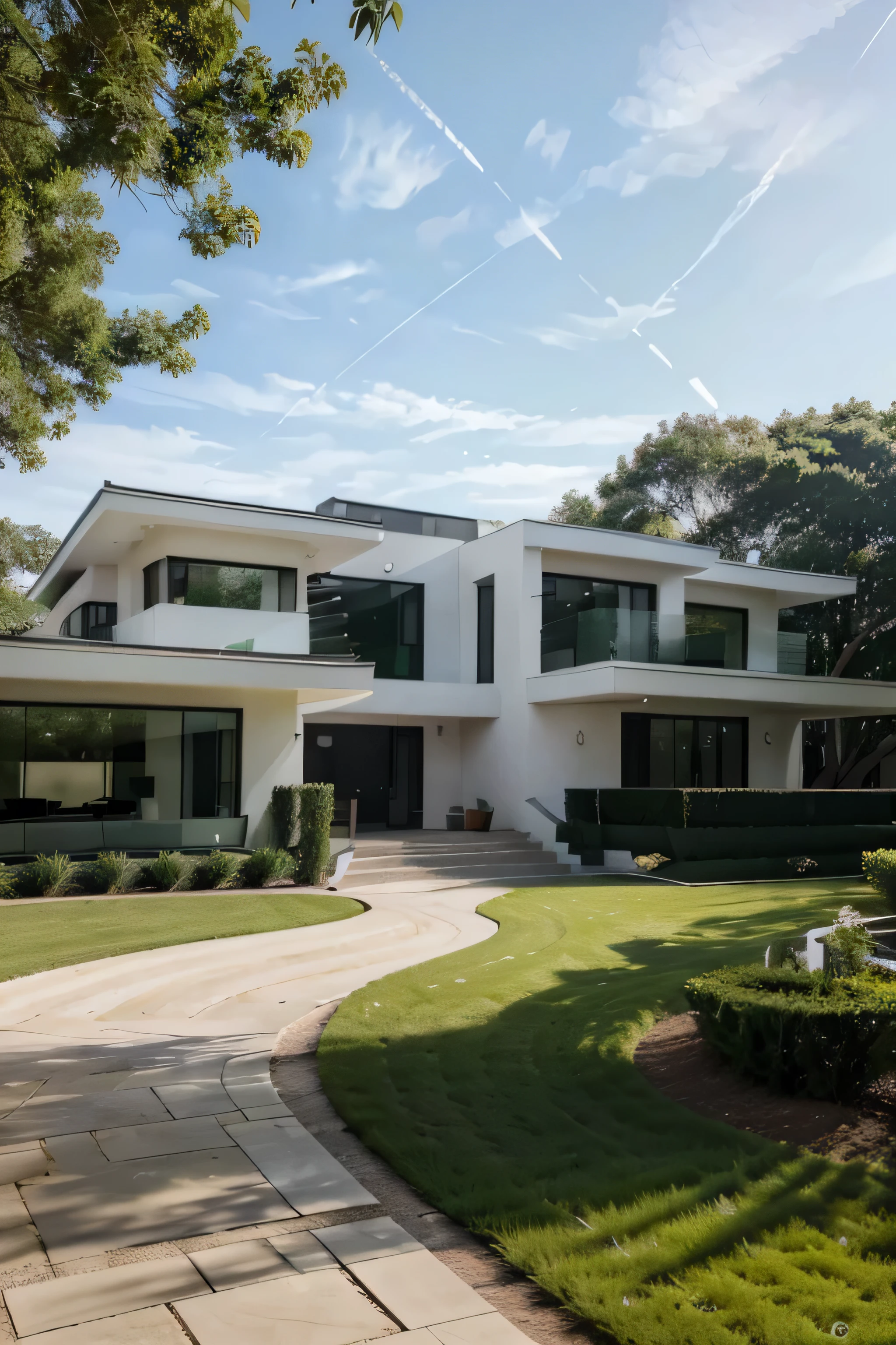 Perspective of a Modern house with a fairly large front yard, the main materials are light yellow walls, stone and wood, a Road running in front of the house, (raw photo, Real, Best quality, Masterpiece : 1.2), current view Modern Minimal, 1 street in front of the house, Shime light ring, interior brightness: 1.2, Dynamic lighting: 1.3, (hyper-Realistic, photo-Realistic: 1.2), High quality, daylight, contrast: 0.5 perfect light, antique, contemporary chef award, contemporary award, beautifully designed masterpiece, modern and spacious mansion, modern neo-traditional, large outdoor corner 2022, Mid-century modern, contemporary home, modern atmosphere and elegant, long front view, modern design, stunning lines, residential, exquisite details, smooth interior:1.3