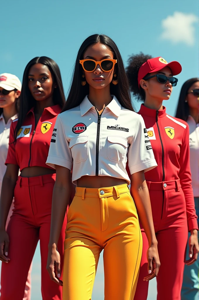  Group of girls wearing clothes from different Formula 1 teams