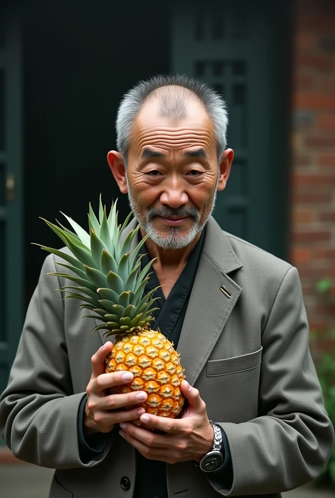 40 year old Chinese man with pineapple in his hand