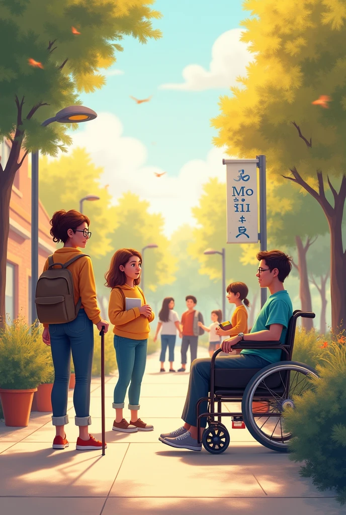Create an image that promotes social inclusion. With visually impaired people, with mobile disabilities and all types of disabilities. Visually impaired using cane and glasses. Intellectual disability in a school environment