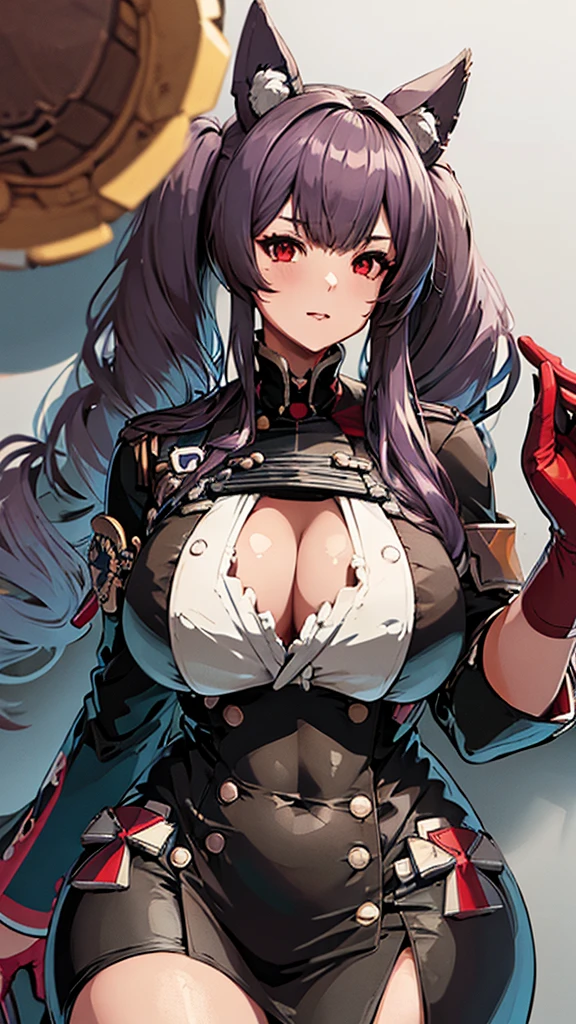 High detailed, 1 girl, pola_azurlane
breasts, long_hair, violet_hair, twintails, red_eyes, large_breasts,, big busty, firm curvy body, burgundy shirt, cute ribbon in collarbone, deep cleavage, Juliet sleeves, pencil skirt, black skirt, red gloves