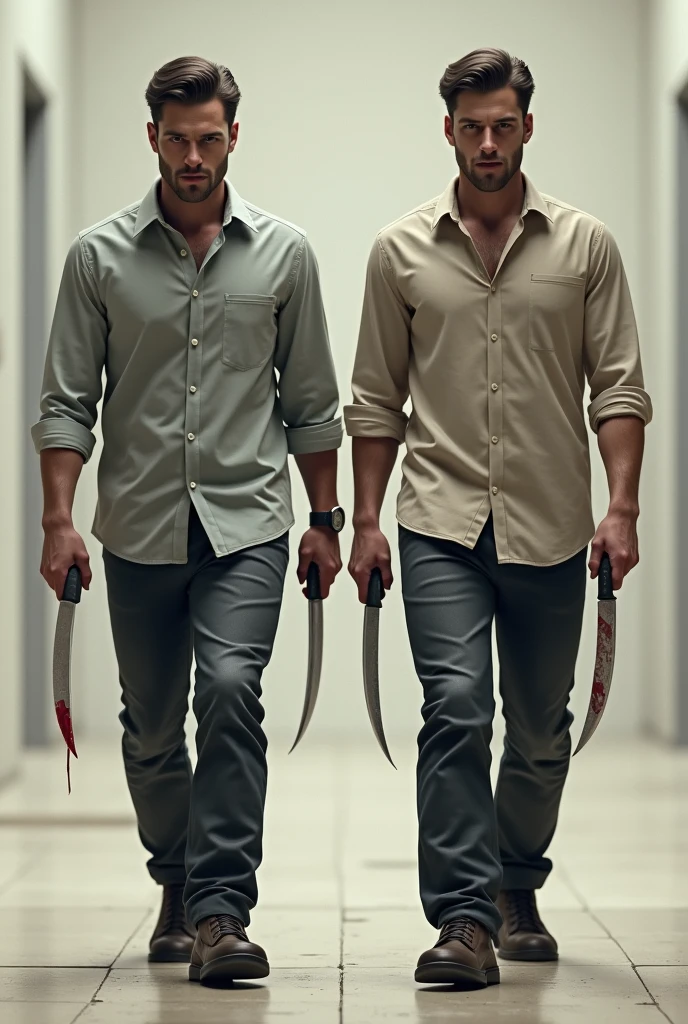 Realistic adult male twins dressed in shirts and pants walking forward with knives in their hands, one with a clean knife and the other with blood peeking out, one from the right and the other from the left