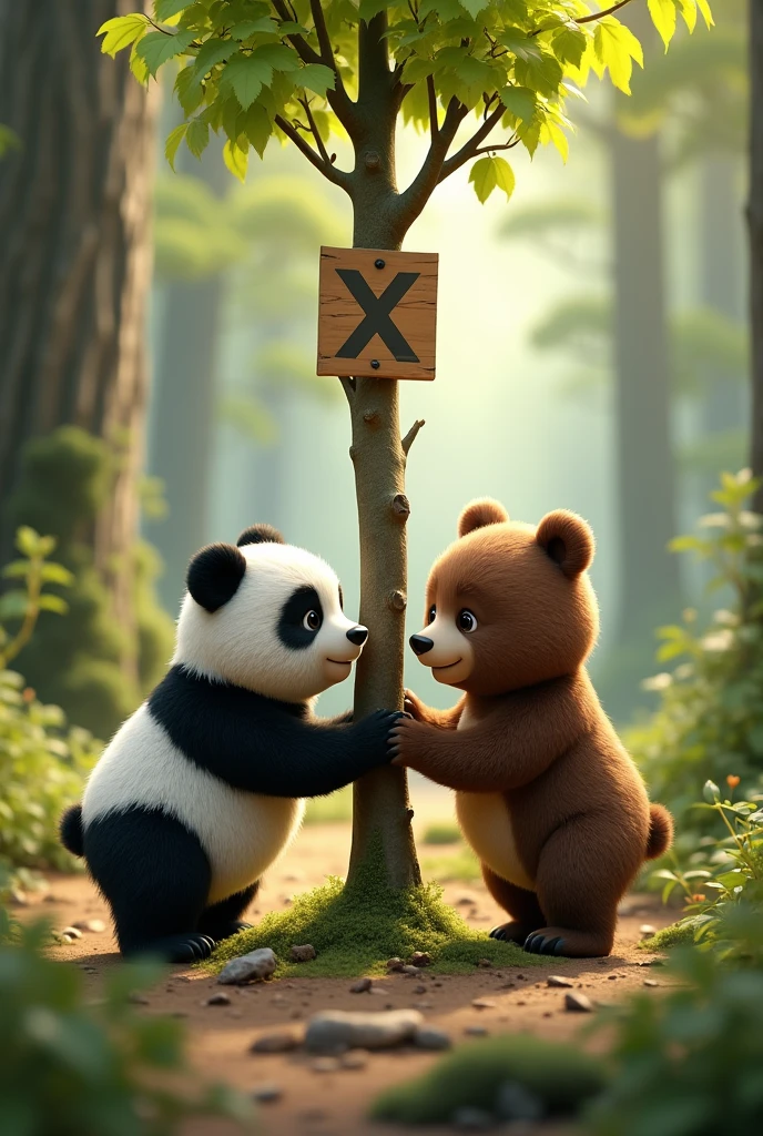 Make a picture of a panda bear and a dark brown bear. They find a tree with an X marked on it. The bears are the same size and small.