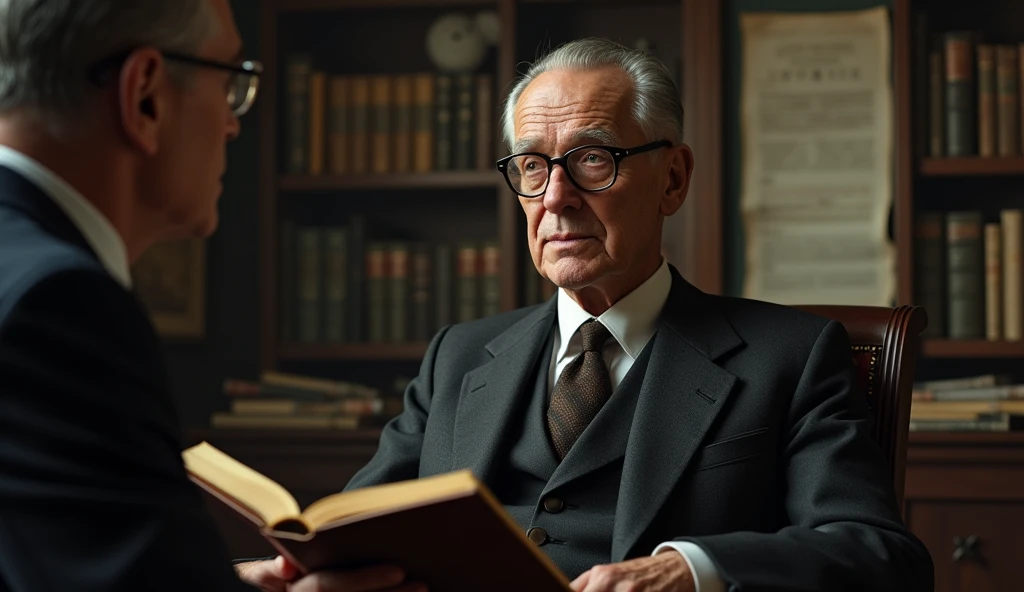 An elderly man with a serene and contemplative expression, thin. He has short, dark hair, slightly balding in the front, slightly graying, no beard, and wears a classic 1930s suit, with small, square, prescription glasses, and a discreet tie. Cayce is seated in a vintage-looking chair, in a setting reminiscent of an old office, with books and papers in the background. The soft, diffuse lighting highlights his face, conveying an aura of wisdom and introspection. In one hand, he holds an open book, symbolizing his knowledge and psychic abilities. The scene has a nostalgic and mysterious tone, reflecting the enigmatic nature of his predictions and readings. talking to another person