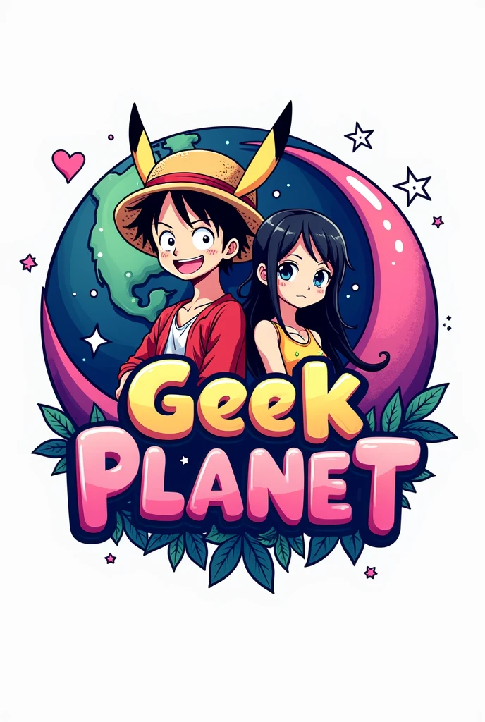 Un logo con un 🌎 en el fondo, with stars, heart and a crescent moon (Pink and purple colors), In the front there are some anime figures of a boy with wavy hair and a girl with long black hair wearing t-shirts and Pikachu ears or a straw hat. (Luffy de one piece), the name of Geek Planet in the middle of the logo (with vivid colors throughout the image) and with white background 