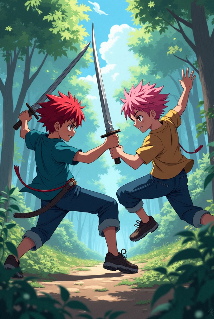 2 anime red and pink teenage boys are fighting and using swords in a forest and the pink hair boy dodges the red hair boy slash at the speed of sound