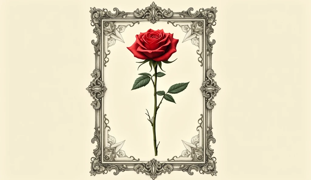 Drawing of 1 red rose with stem and thorns old school. With its straight stem. More similar thorns, smaller and less pointed. Inside a vintage frame with little angels drawn all over the frame in a baroque style, gothic and patterned in repetitions. Drawing with a larger vertical. Frame with drawings of angels and clouds.