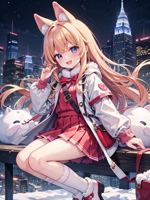 (Highest quality)、(masterpiece)、(Ultra-high resolution)、whole body、、Big smile、Strawberry Blonde、long、mini skirt、Knee-high socks、Duffle coat、winterのマフラー、City、winter、((It's snowing))、(Decorative illumination)、((Night view))