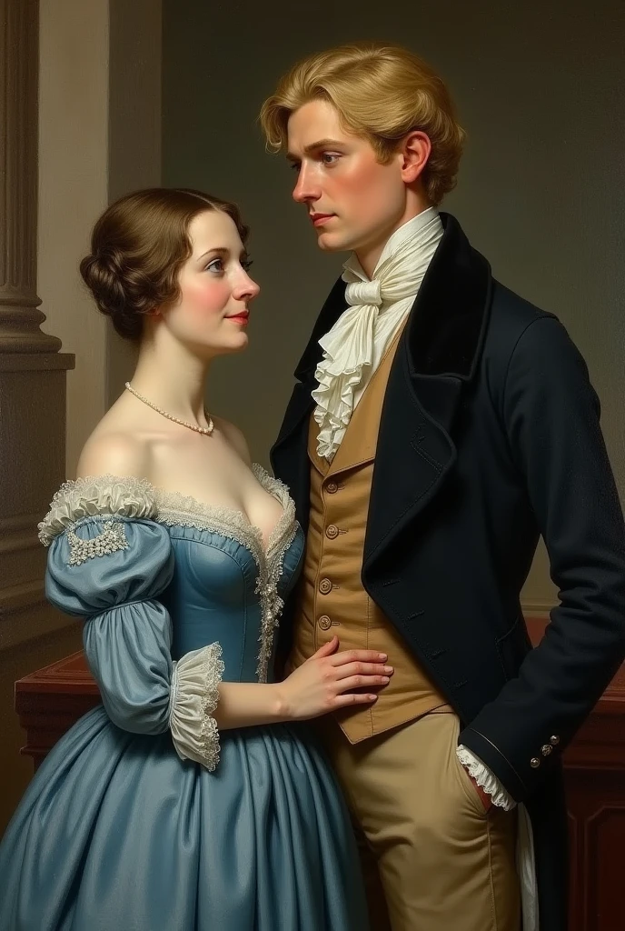 Georgian couple, 1810, London, England. Short woman with dark blonde hair, BLUE DRESS. Tall man with blond hair and deep blue eyes