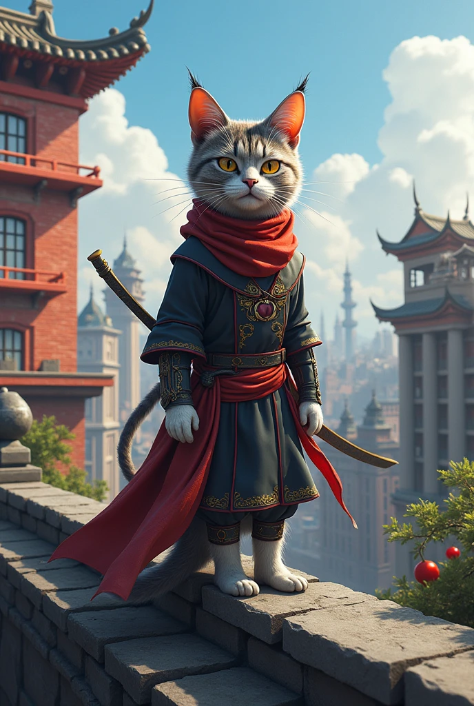 Cat Ninja in the Future City。Rooftop。Three Bulls。real。Lively。