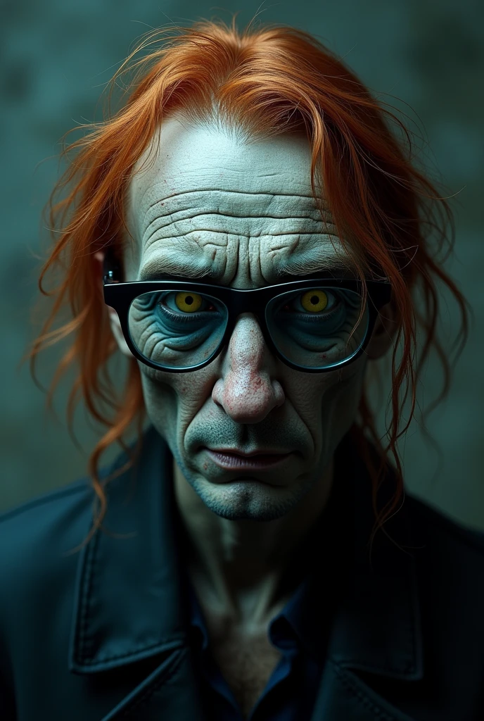 realistic portrait, horror, Cool tones, man, long greasy tangled red hair, freckles, gray skin, old-fashioned glasses with dark blue lenses, yellow eyes