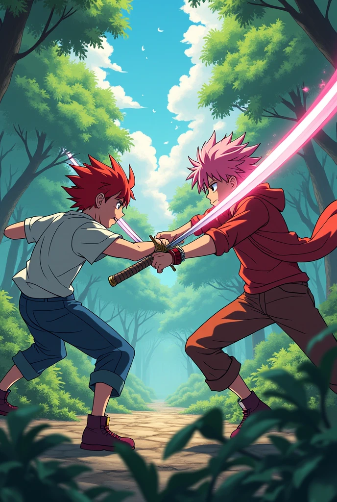 2 anime red and pink teenage boys are fighting and using swords in a forest and the pink hair boy dodges the red hair boy slash at the speed of sound