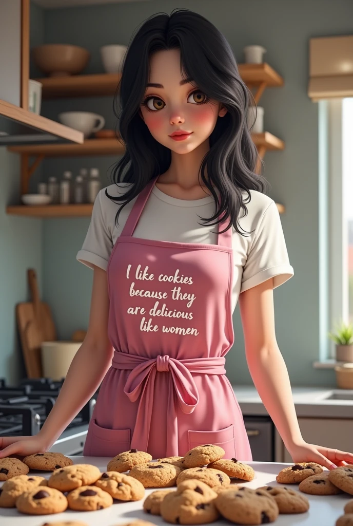 Black-haired woman with white skin, behind a kitchen counter full of cookies and dressed in a white T-shirt, blue jeans and a pink apron that says "I like cookies because they are delicious like women" 