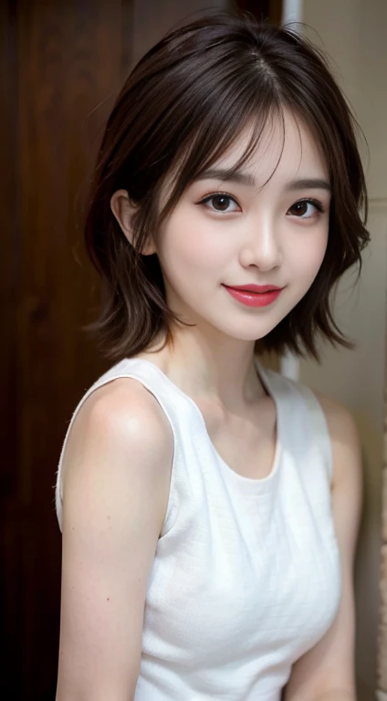 blush a little and smile, (Top quality masterpiece:1.2) Delicate illustrations, Very detailed, /Beautiful Japanese Women、1 person,Very cute and slim、Great style 、((8k images、super high quality))、Very delicate face, Skin and Hair、Big Breasts、beautifule forehead、Red lipstick、(((((short hair、Brown Hair、lure))))),Very cute Japanese cut face、Eyes and nose are clearly visible、Kind eyes,((((White sleeveless dress))))