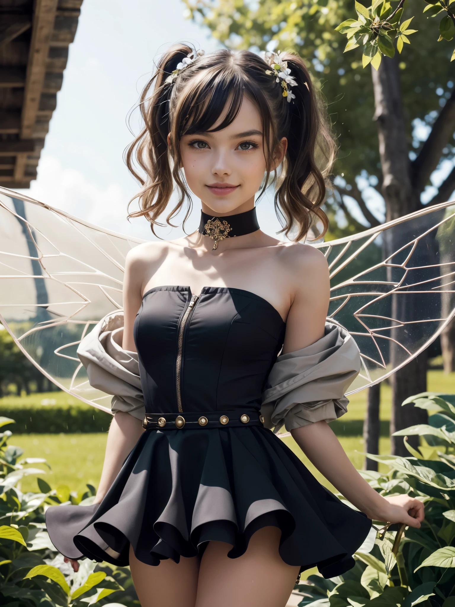 girl wearing petticoat dress, BREAK, 1girl, sleeveless petticoat microskirt, strapless dress, (yo, cute:1.6), (breasts:1.2), (jacket:1.2), detailed face, (looking at viewer:1.2), thighs, smile, short hair, majestic flower filigree headpiece, transparent fairy wings, lush flower garden, heavy raining, dramatic lighting, realism, (best quality, highres, masterpiece:1.2), (ultra detailed, photorealistic:1.3), wavy hair, pigtails, asymmetrical bangs, choker,