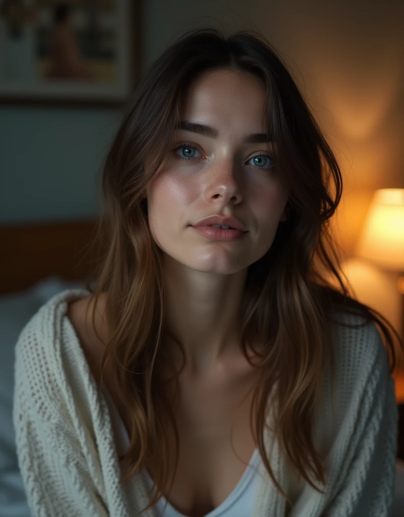 16:9 photograph, taken with a cell phone at a distance that shows the entire body, She is very young, At home in her bedroom, Normal night clothes, sad about lost love, long brown hair, a softened ironic smile - restrained excited happiness, soft lighting on the face, realistic skin-clothes-hair textures, carpeted sky-blue-fog eyes, beautiful real textures and delicate aesthetics, full body view, notable for natural feminine beauty, noise, 8k quality, RAW PHOTO, by professional photographer, rule of thirds, extremely detailed