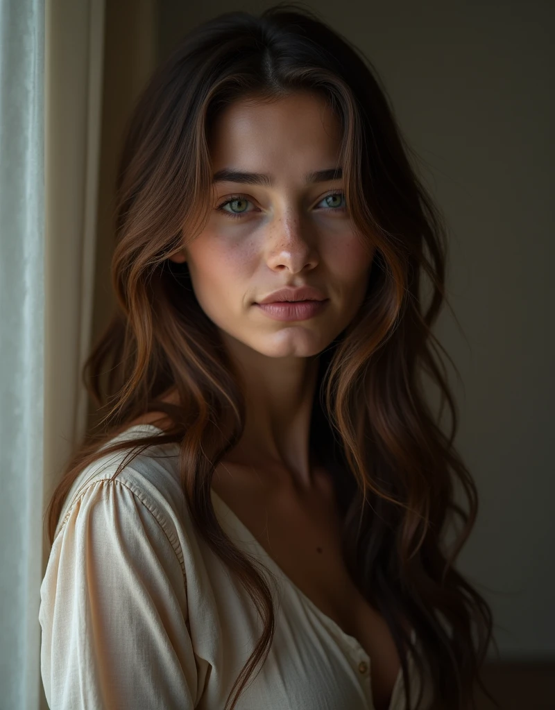 16:9 photograph, taken with a cell phone at a distance that shows the entire body, She is very young, At home in her bedroom, Normal night clothes, sad about lost love, long brown hair, a softened ironic smile - restrained excited happiness, soft lighting on the face, realistic skin-clothes-hair textures, carpeted sky-blue-fog eyes, beautiful real textures and delicate aesthetics, full body view, notable for natural feminine beauty, noise, 8k quality, RAW PHOTO, by professional photographer, rule of thirds, extremely detailed